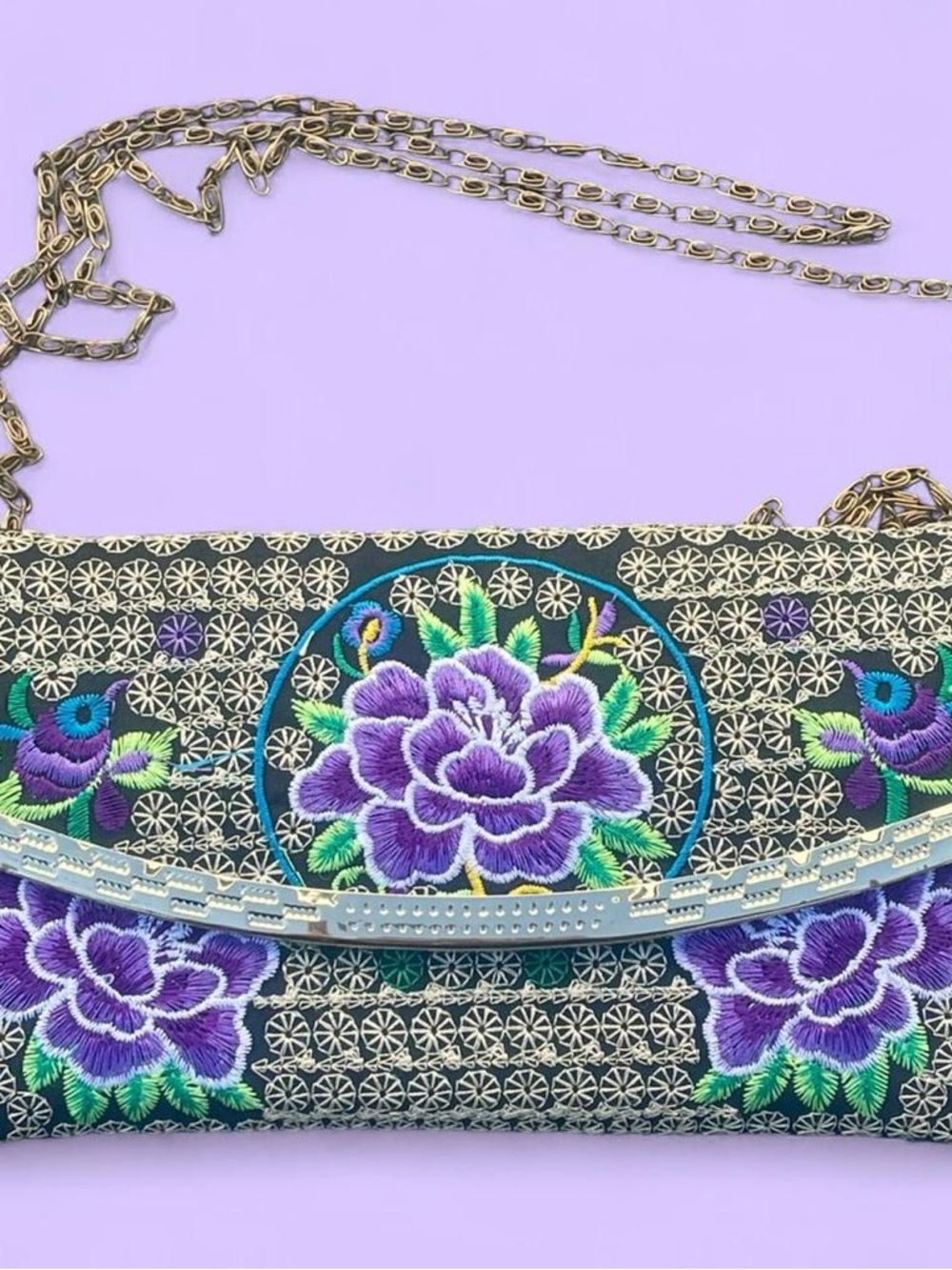 Embroidered Floral Clutch Bag Purple Gold Chain Boho Evening Crossbody Versatile